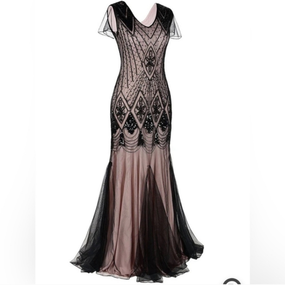 NWOT PINK AND BLACK 1920S CAP SLEEVE SEQUIN EVENING DRESS Medium - Picture 3 of 13